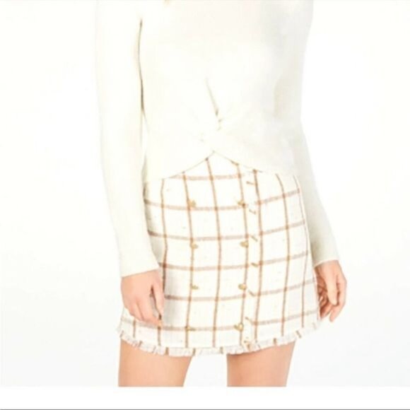 Leyden Monroe Plaid Printed MiniSkirt Size Small Ivory Tan Checked Academia NWT - Picture 1 of 14